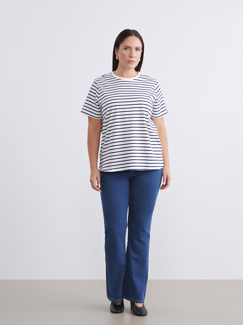 Bordo Büyük Beden Çizgili Kadın Tişört 2'li-3