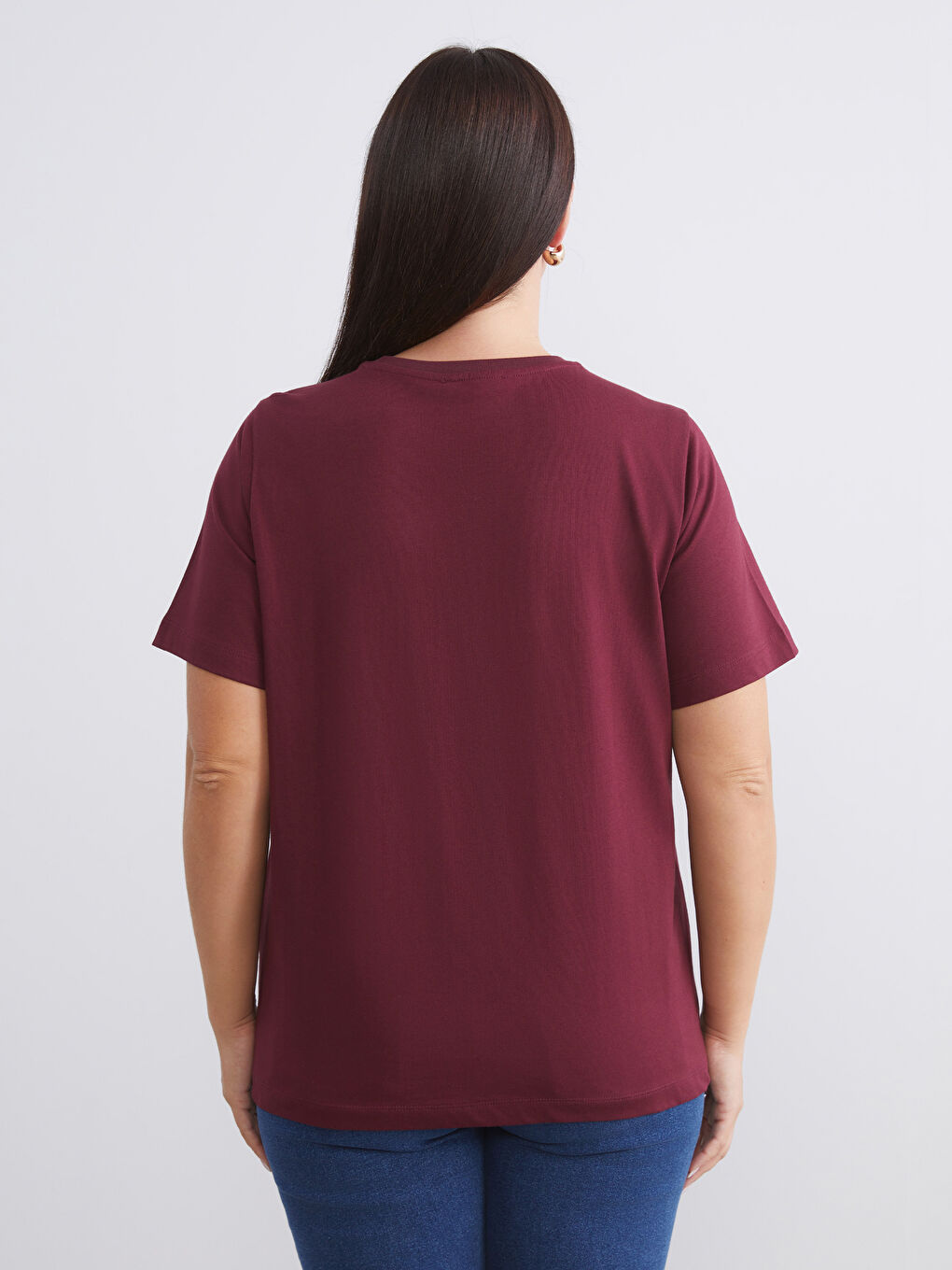 Bordo Büyük Beden Çizgili Kadın Tişört 2'li-7