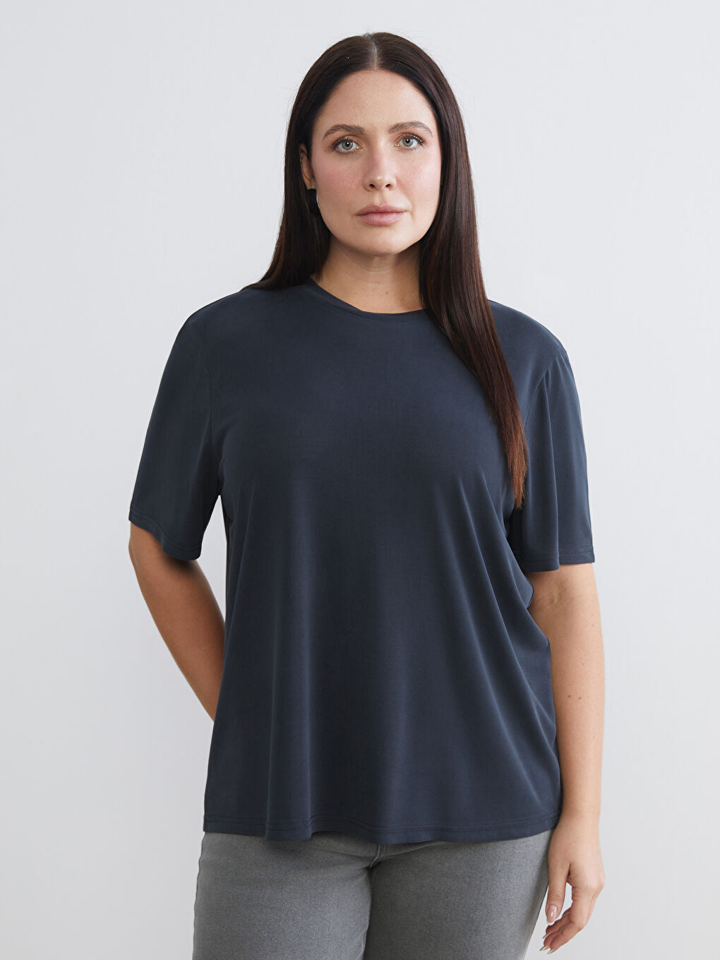 Siyah Büyük Beden Bisiklet Yaka Kadın Tişört 2'li-1