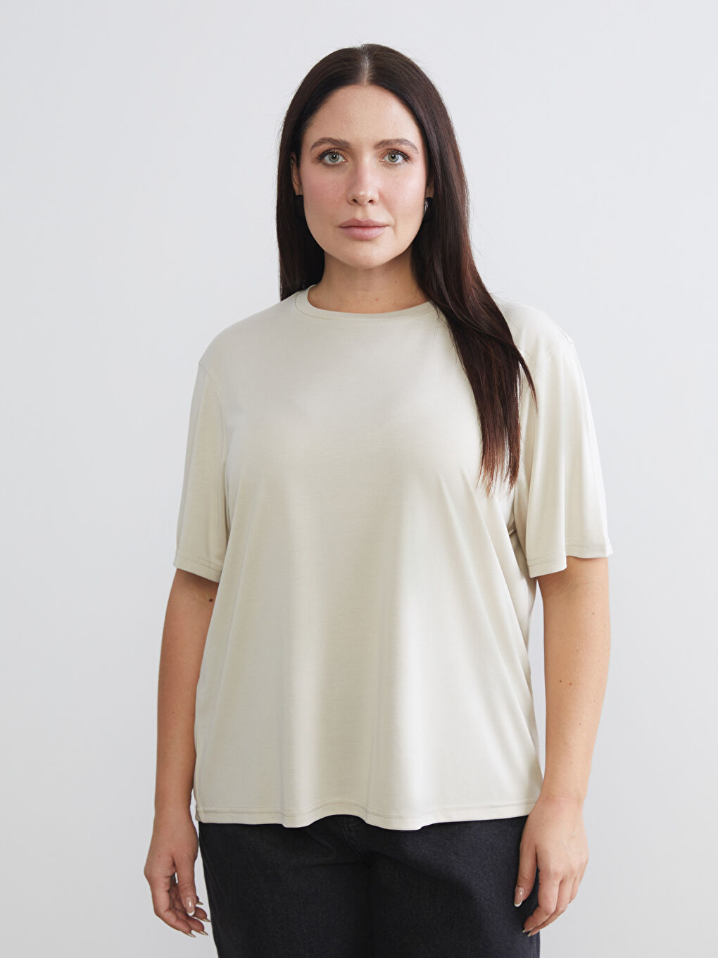 Kahverengi Büyük Beden Bisiklet Yaka Kadın Tişört 2'li-1