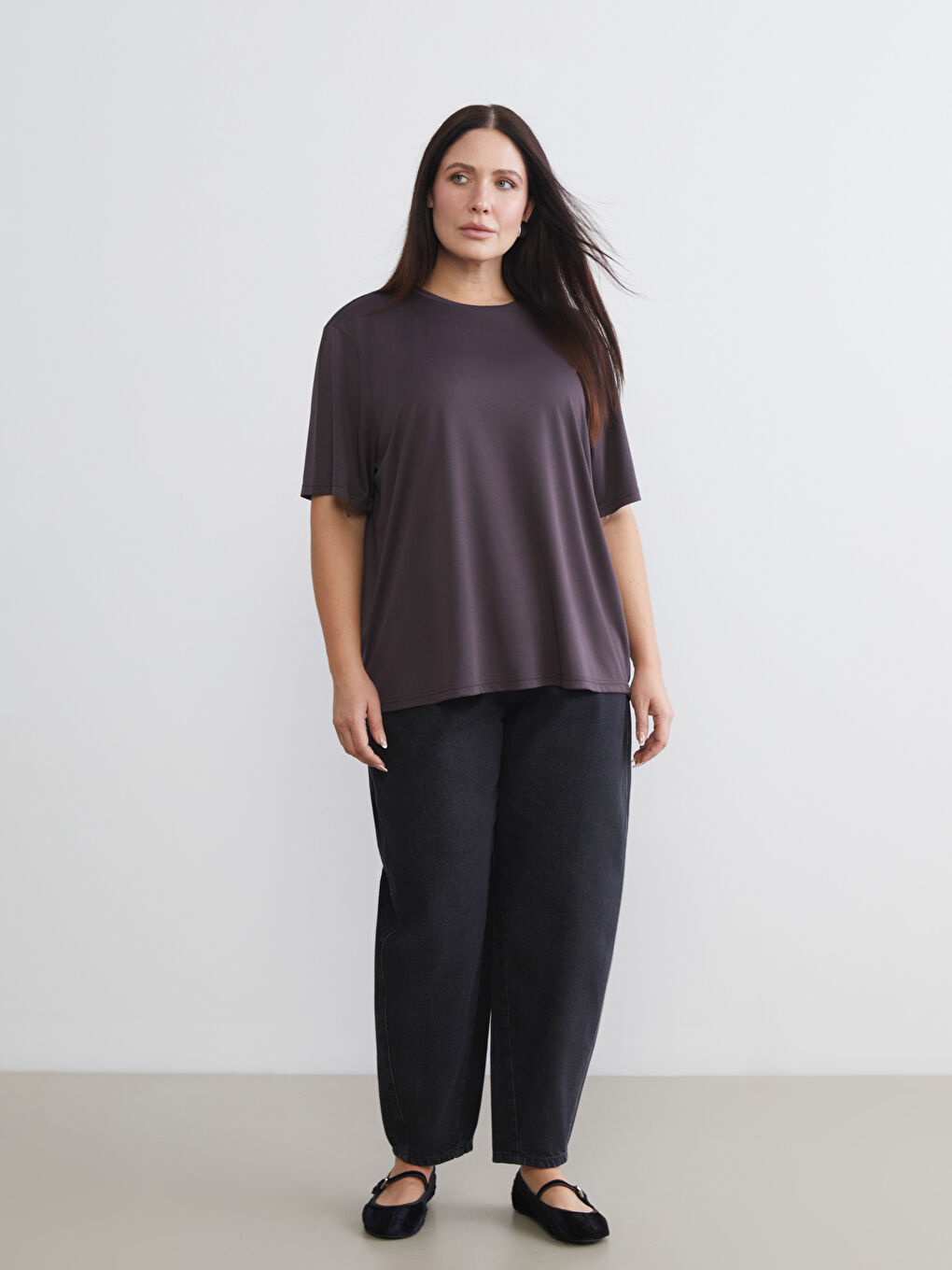 Kahverengi Büyük Beden Bisiklet Yaka Kadın Tişört 2'li-3