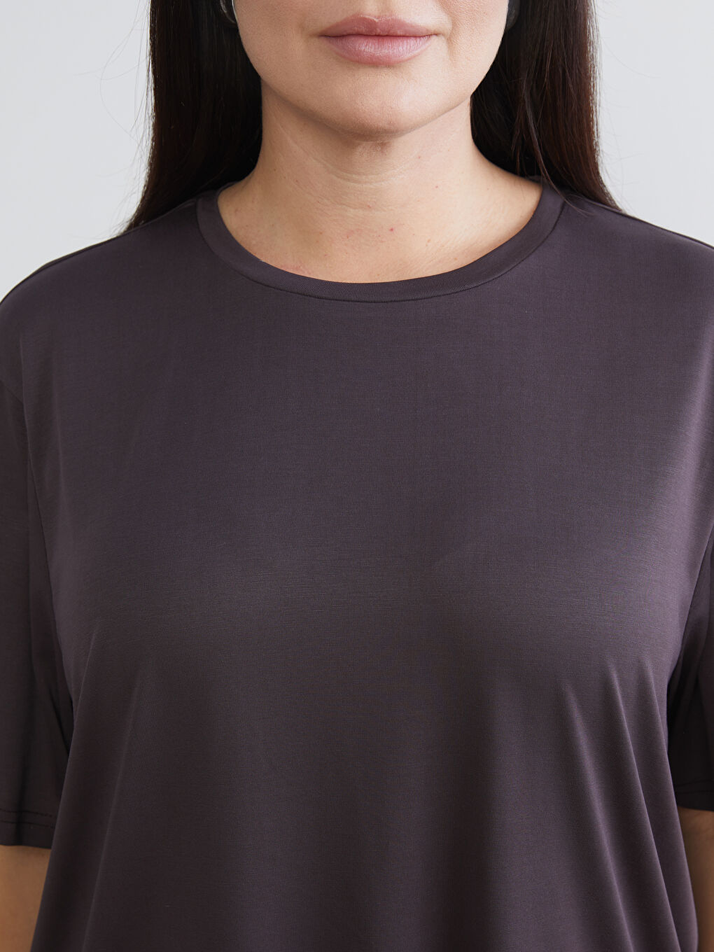 Kahverengi Büyük Beden Bisiklet Yaka Kadın Tişört 2'li-5