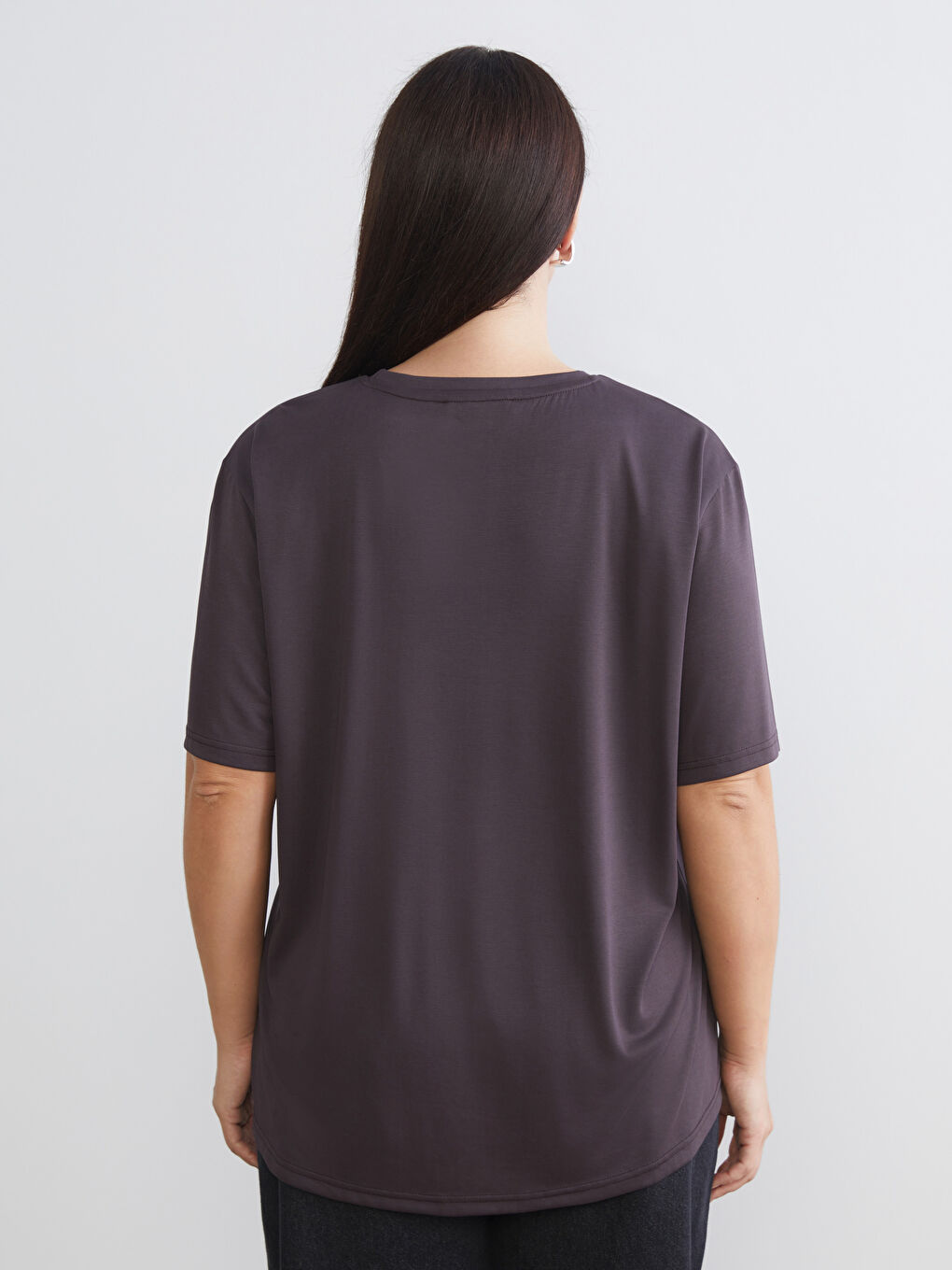 Kahverengi Büyük Beden Bisiklet Yaka Kadın Tişört 2'li-7