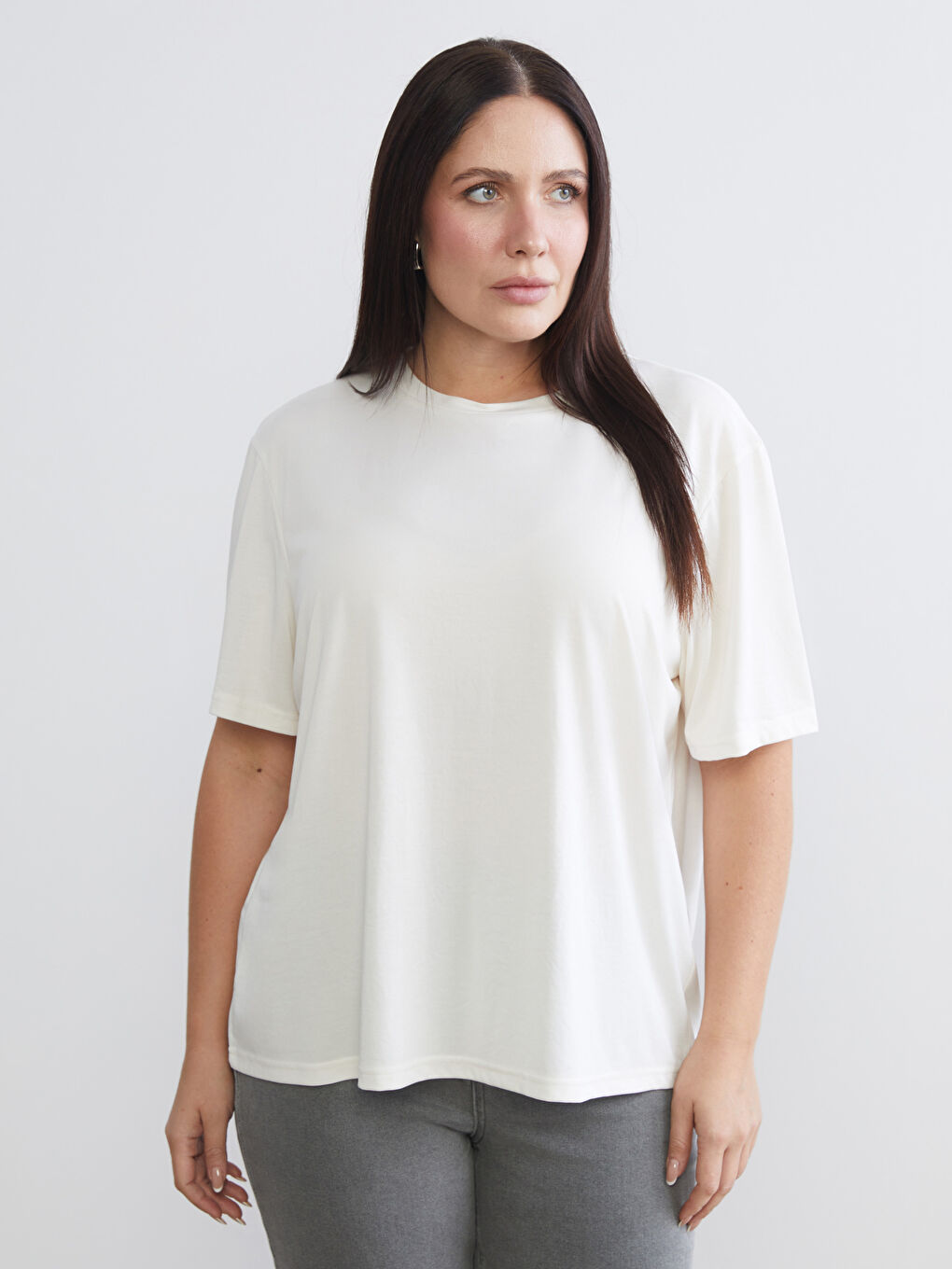 Beyaz Büyük Beden Bisiklet Yaka Kadın Tişört 2'li-2