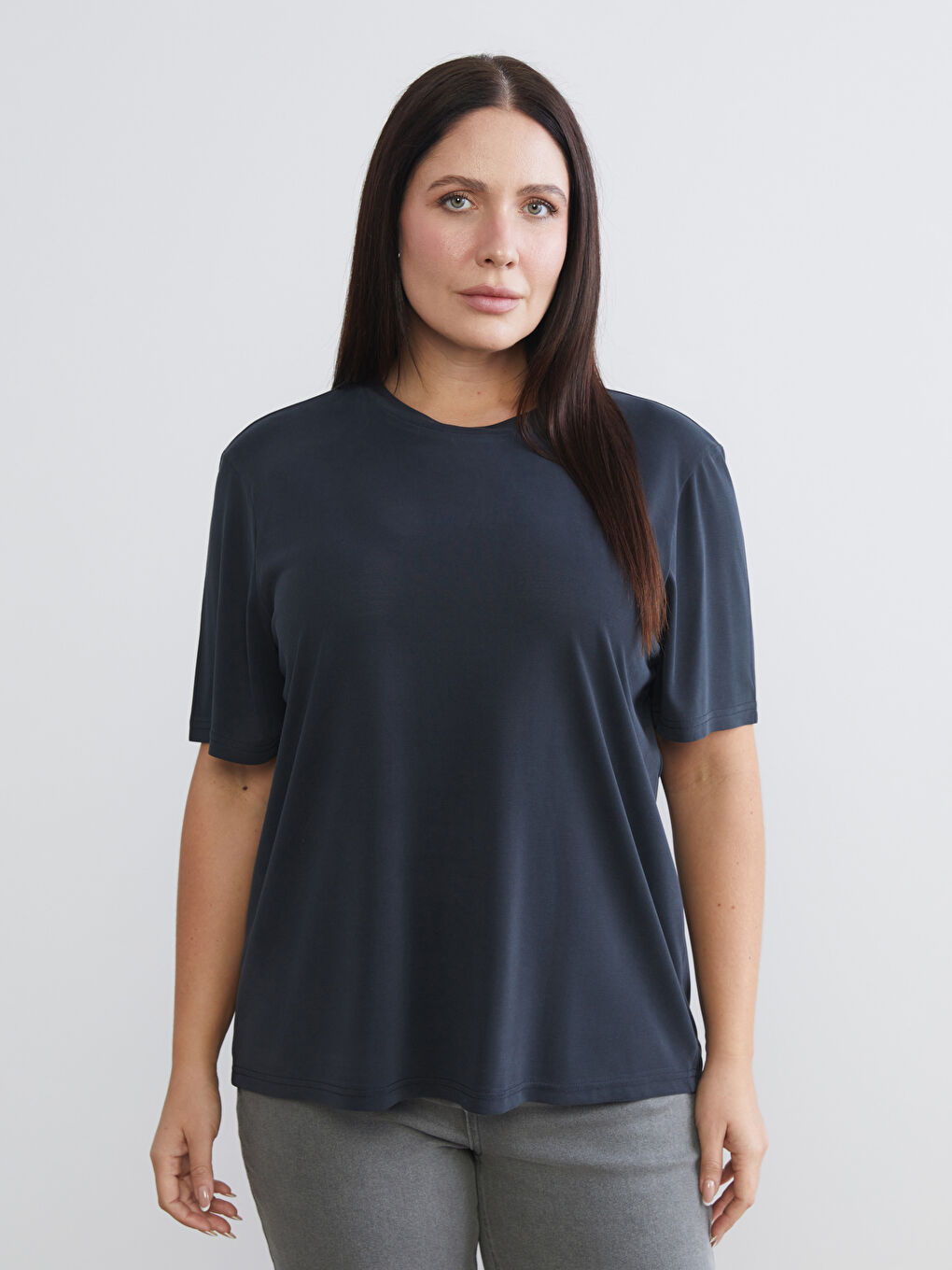 Siyah Büyük Beden Bisiklet Yaka Kadın Tişört 2'li-2