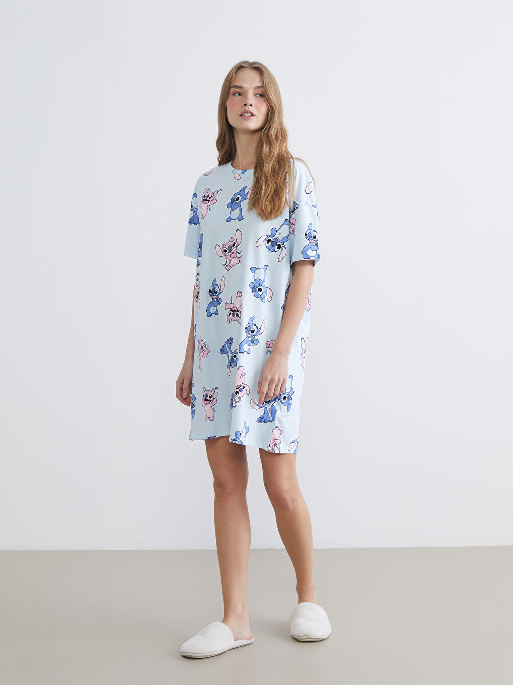 Mavi Bisiklet Yaka Stitch Baskılı Kadın Gecelik-1