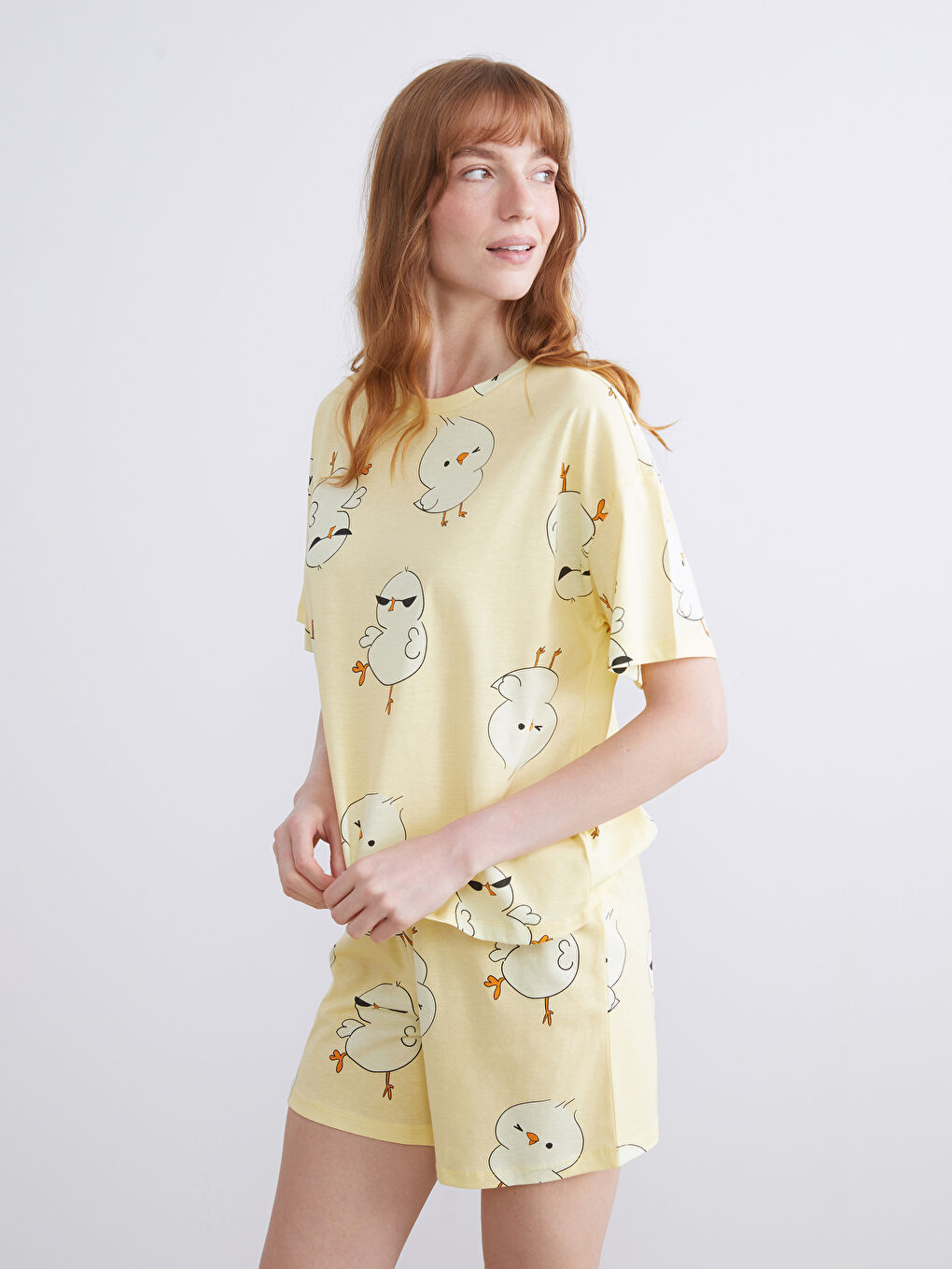 Sarı Bisiklet Yaka Baskılı Kadın Şortlu Pijama Takımı