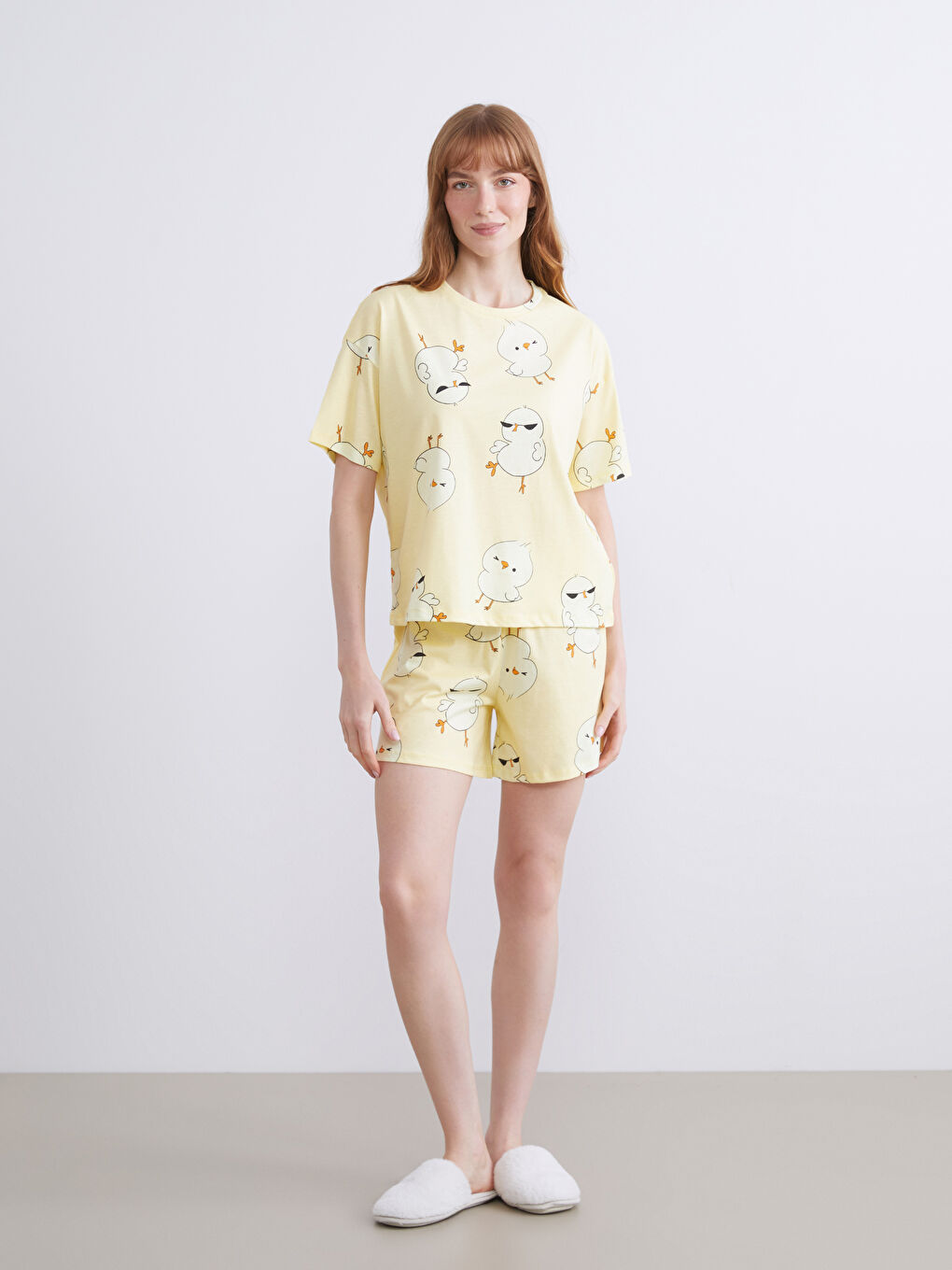 Sarı Bisiklet Yaka Baskılı Kadın Şortlu Pijama Takımı-1