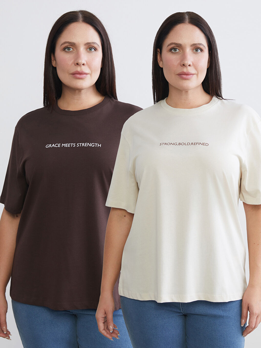 Bej Büyük Beden Baskılı Kadın Tişört 2'li