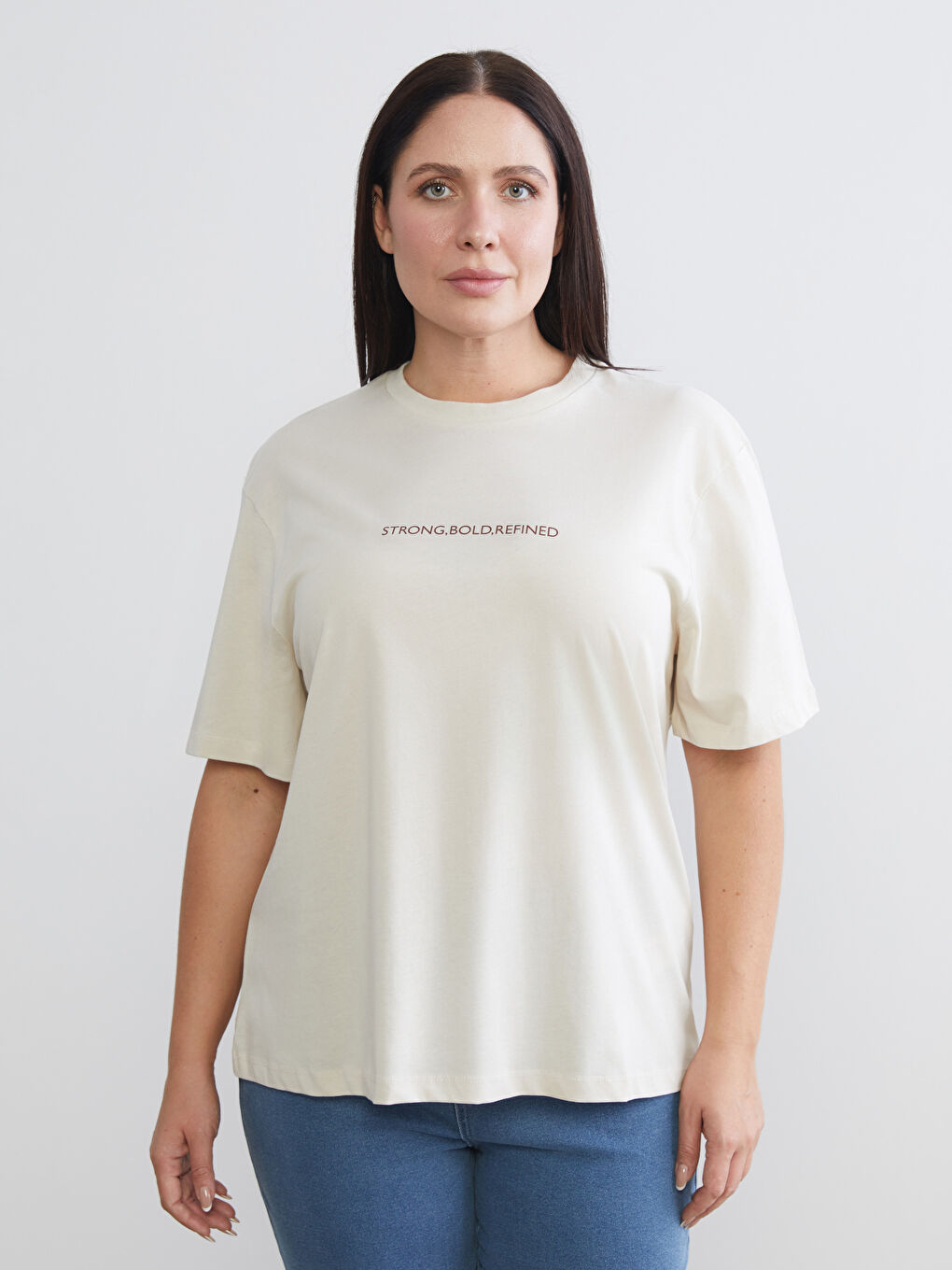 Bej Büyük Beden Baskılı Kadın Tişört 2'li-1