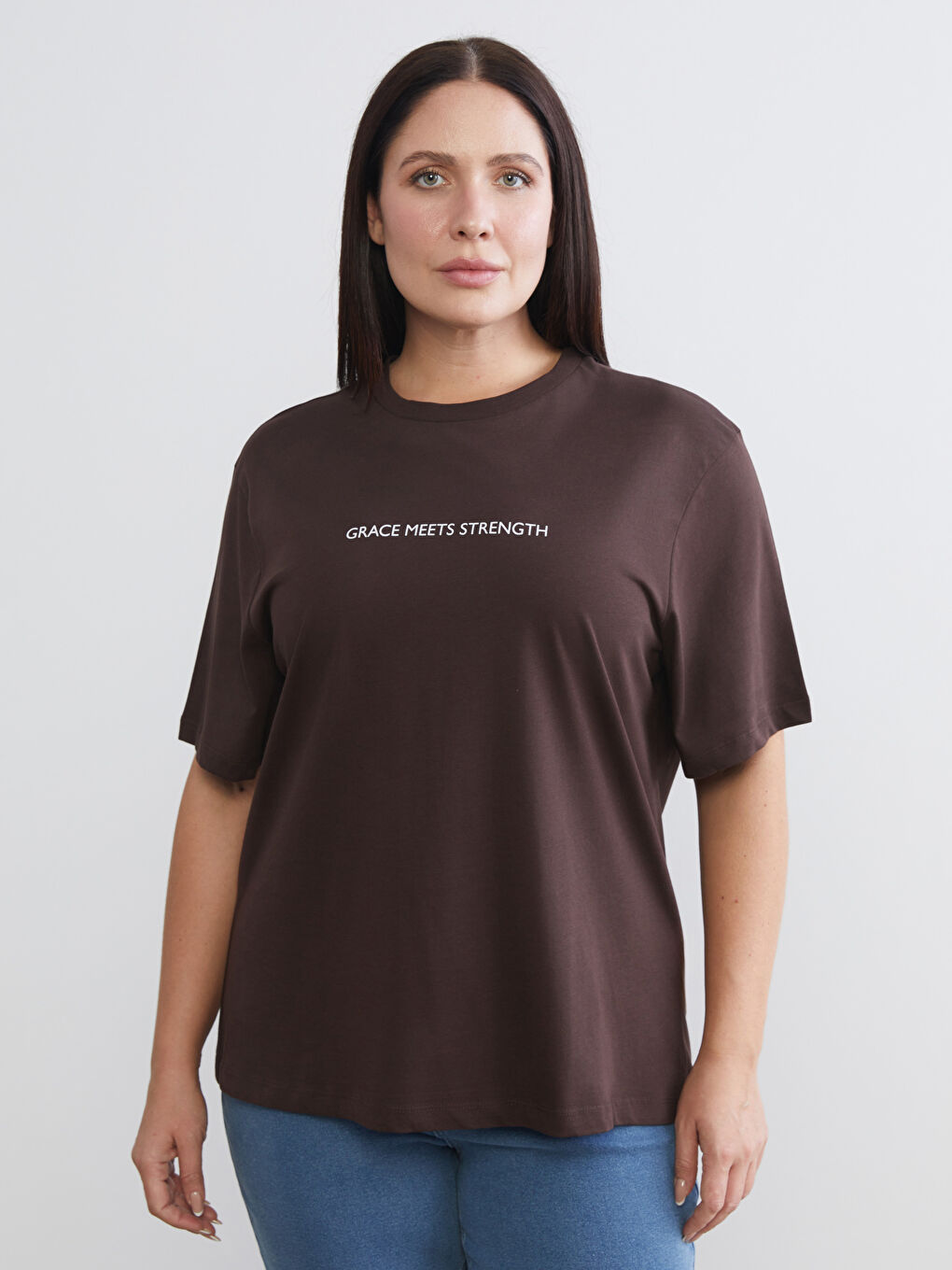 Bej Büyük Beden Baskılı Kadın Tişört 2'li-2