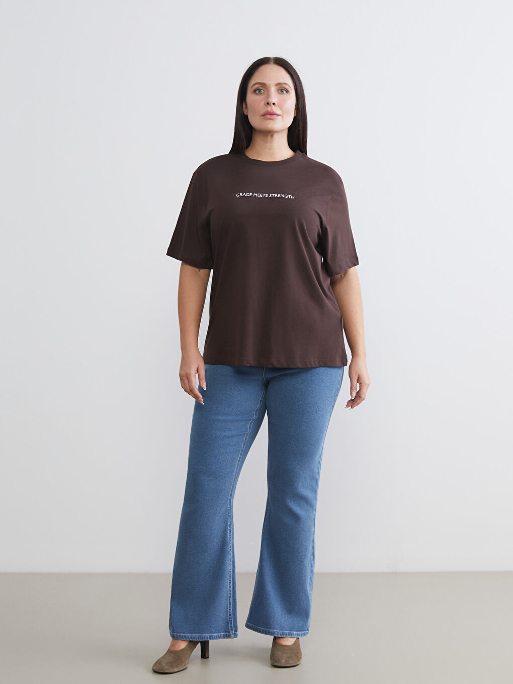 Bej Büyük Beden Baskılı Kadın Tişört 2'li-3