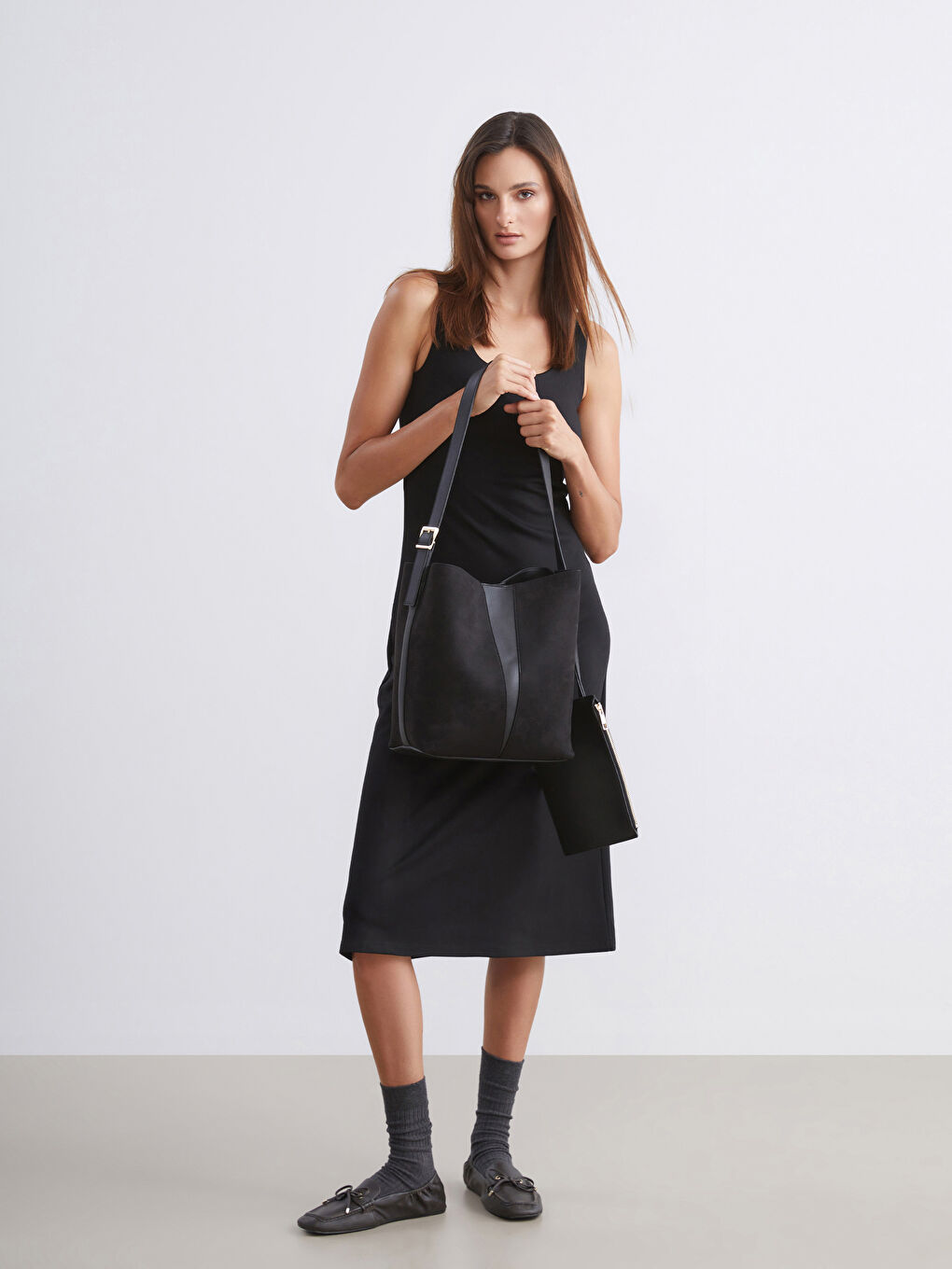 Siyah Süet Görünümlü Kadın Omuz Çantası ve Cüzdan-1