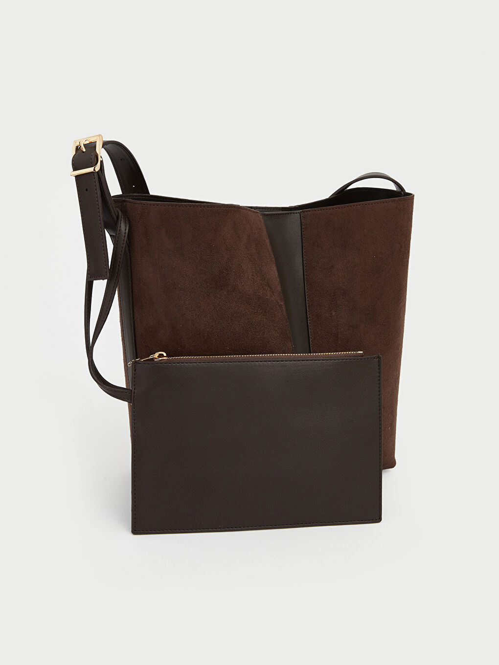 Kahverengi Süet Görünümlü Kadın Omuz Çantası ve Cüzdan-3