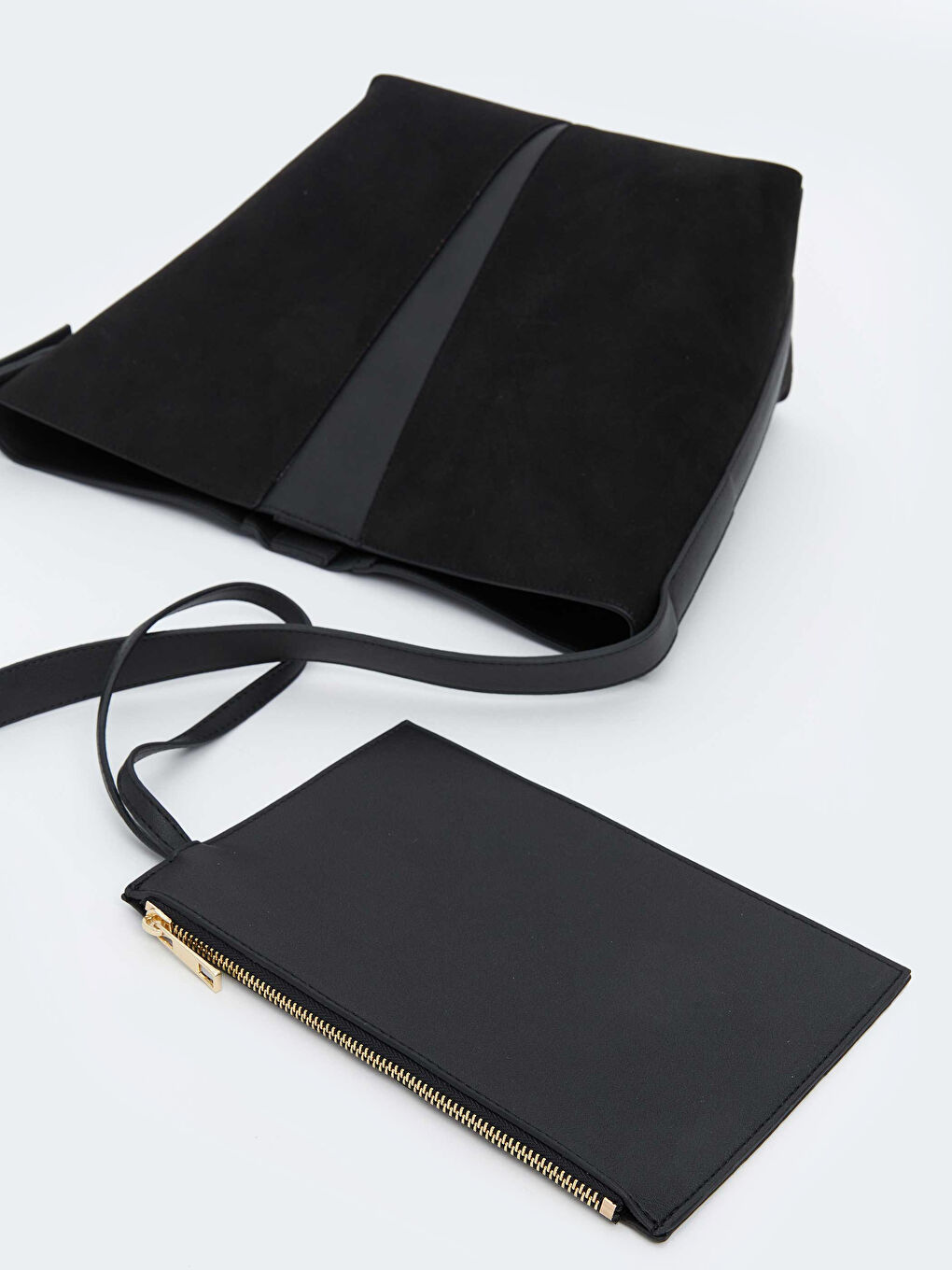 Siyah Süet Görünümlü Kadın Omuz Çantası ve Cüzdan-5