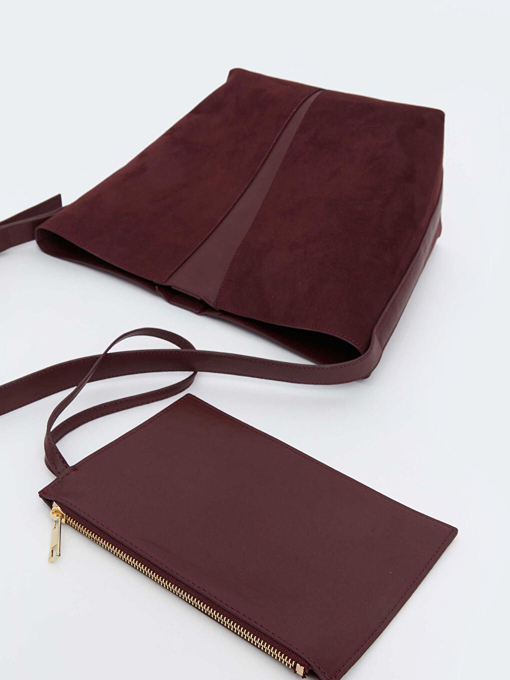 Bordo Süet Görünümlü Kadın Omuz Çantası ve Cüzdan-3
