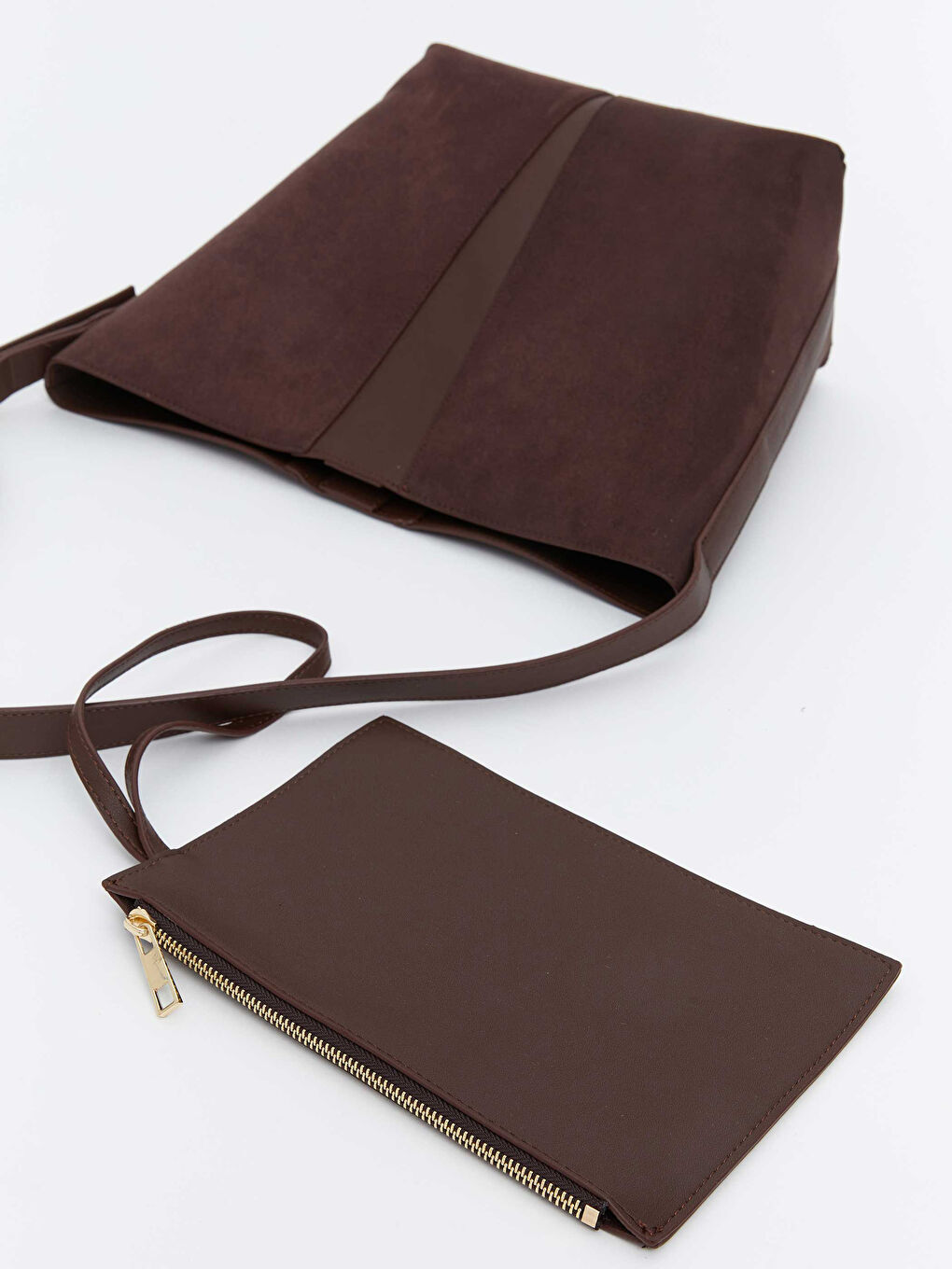 Kahverengi Süet Görünümlü Kadın Omuz Çantası ve Cüzdan-3