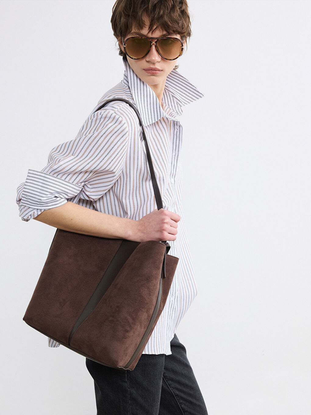 Kahverengi Süet Görünümlü Kadın Omuz Çantası ve Cüzdan