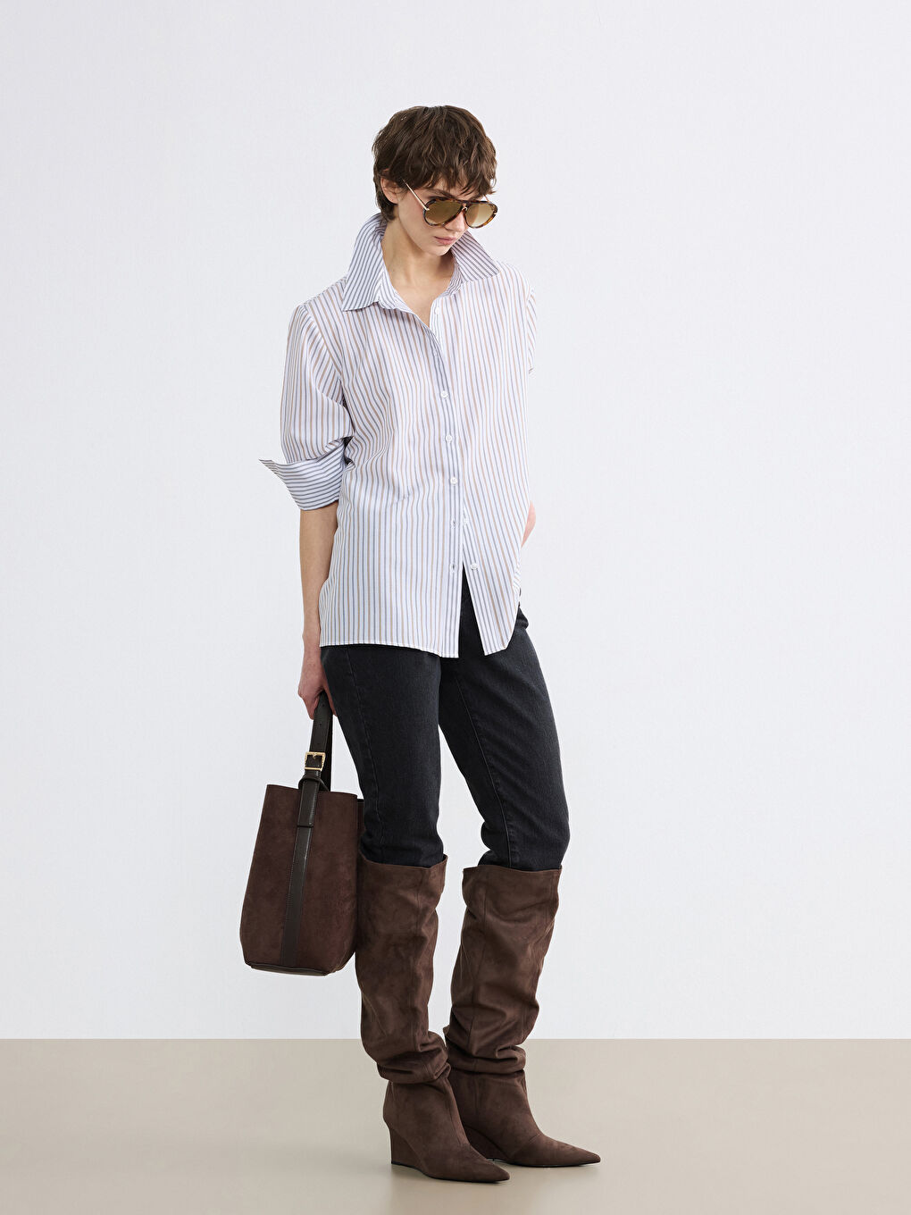 Kahverengi Süet Görünümlü Kadın Omuz Çantası ve Cüzdan-1