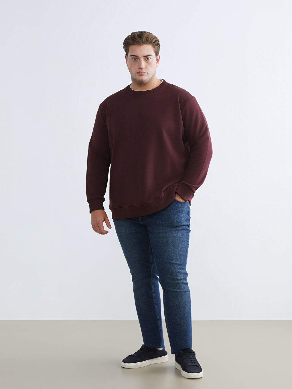 Bordo Bisiklet Yaka Erkek Kalın Sweatshirt-1