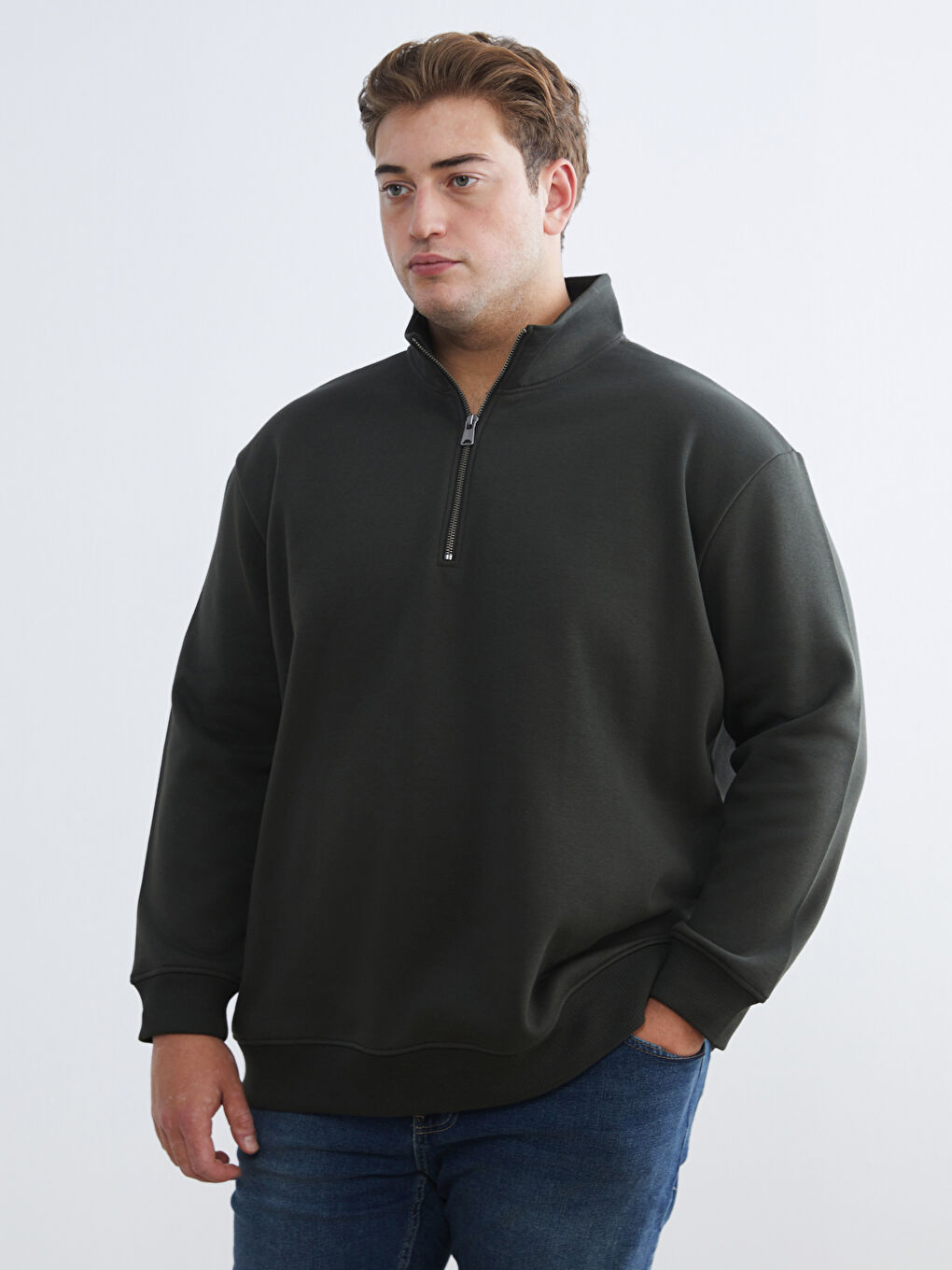 Haki Dik Yaka Erkek Sweatshirt