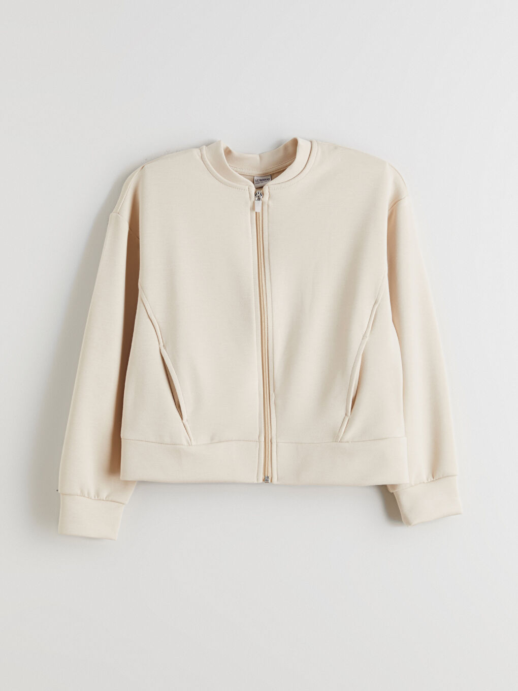 Bej Bisiklet Yaka Kız Çocuk Soft Touch Fermuarlı Sweatshirt