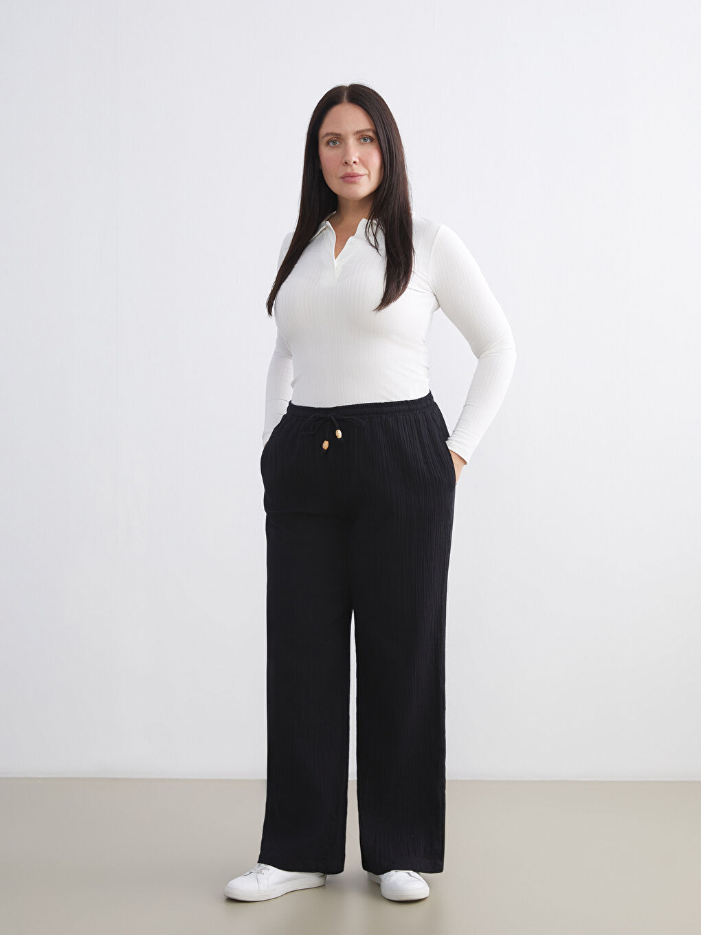 Elastic Waist Textured Muslin Women's Trousers-2