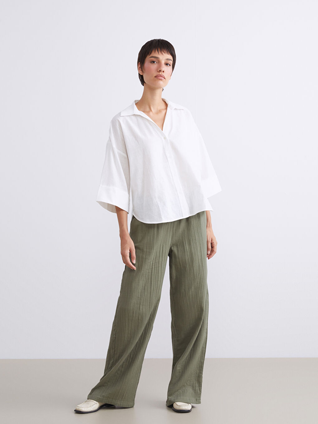 Elastic Waist Textured Muslin Women's Trousers