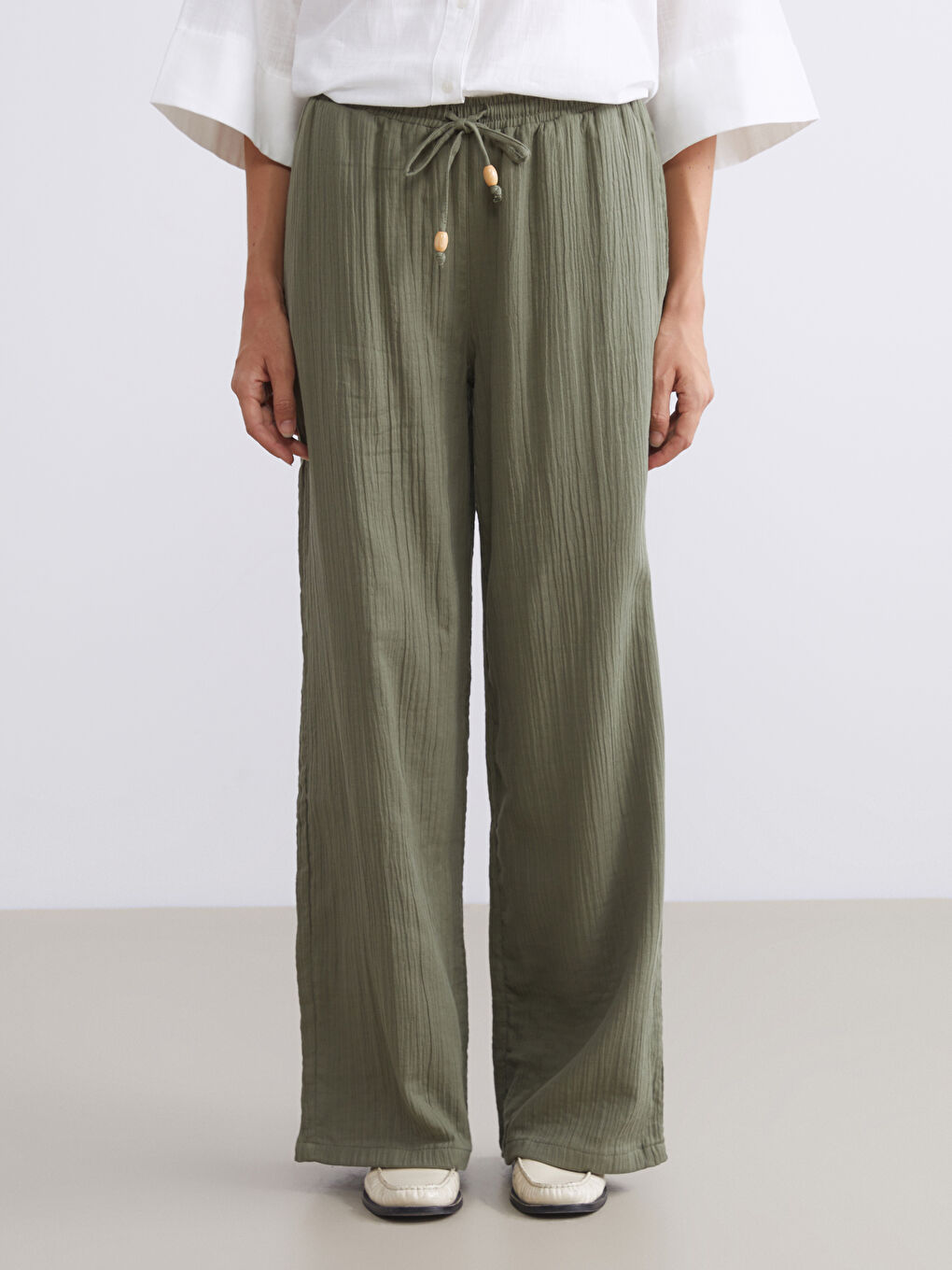 Elastic Waist Textured Muslin Women's Trousers-3