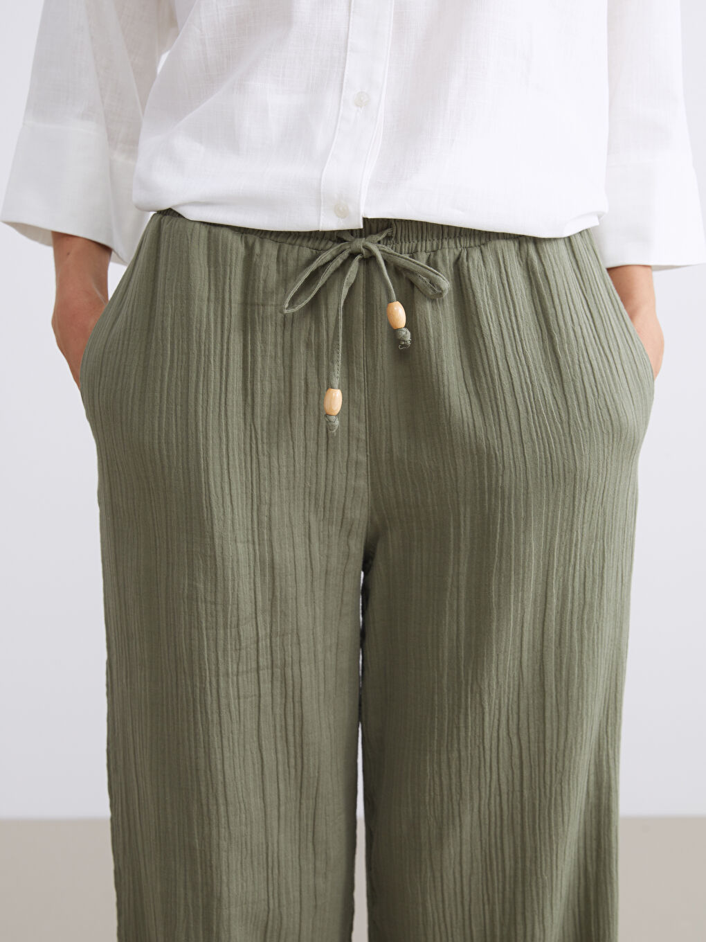 Elastic Waist Textured Muslin Women's Trousers-5
