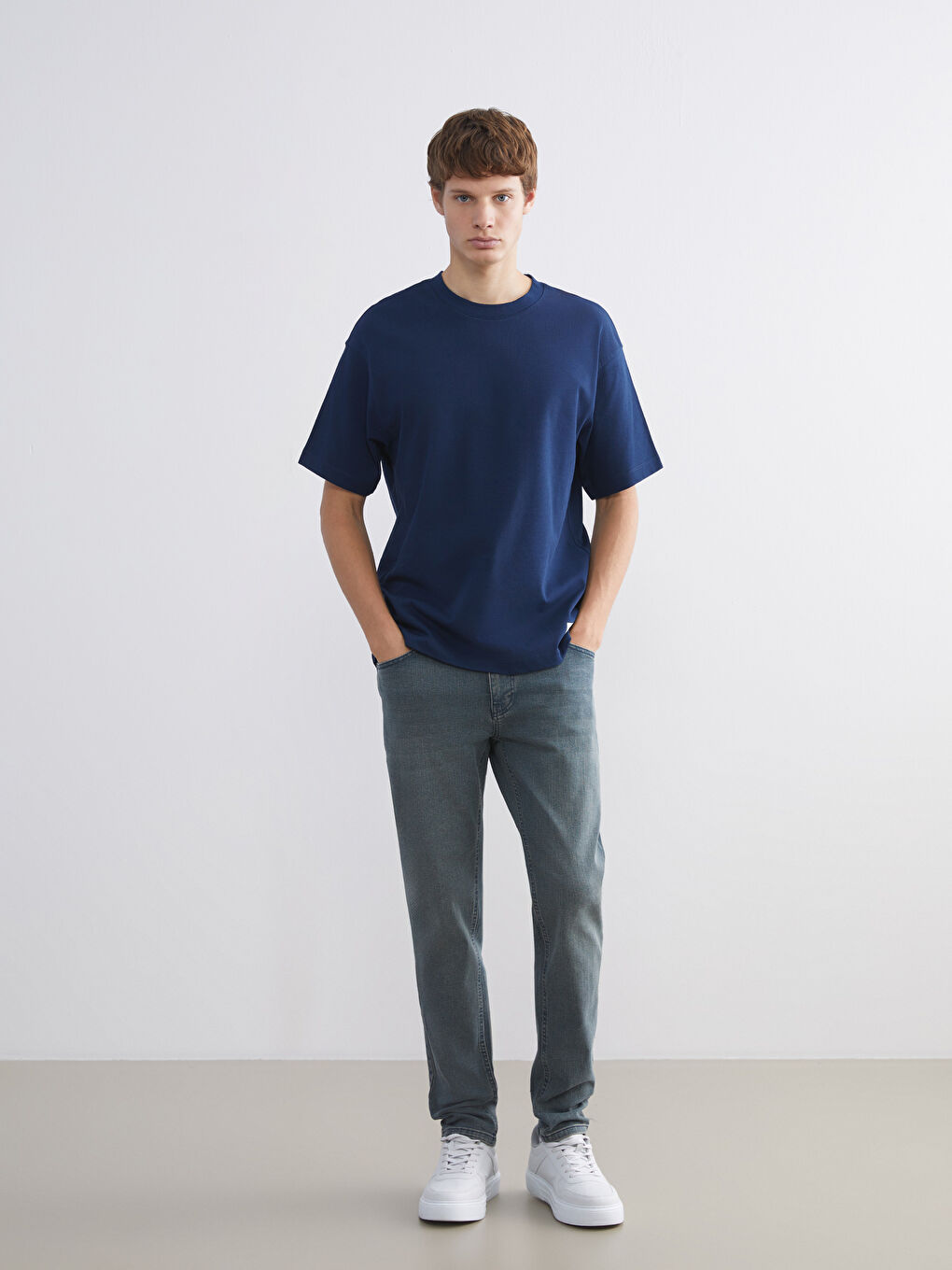 Lacivert Bisiklet Yaka Penye Erkek Tişört-1