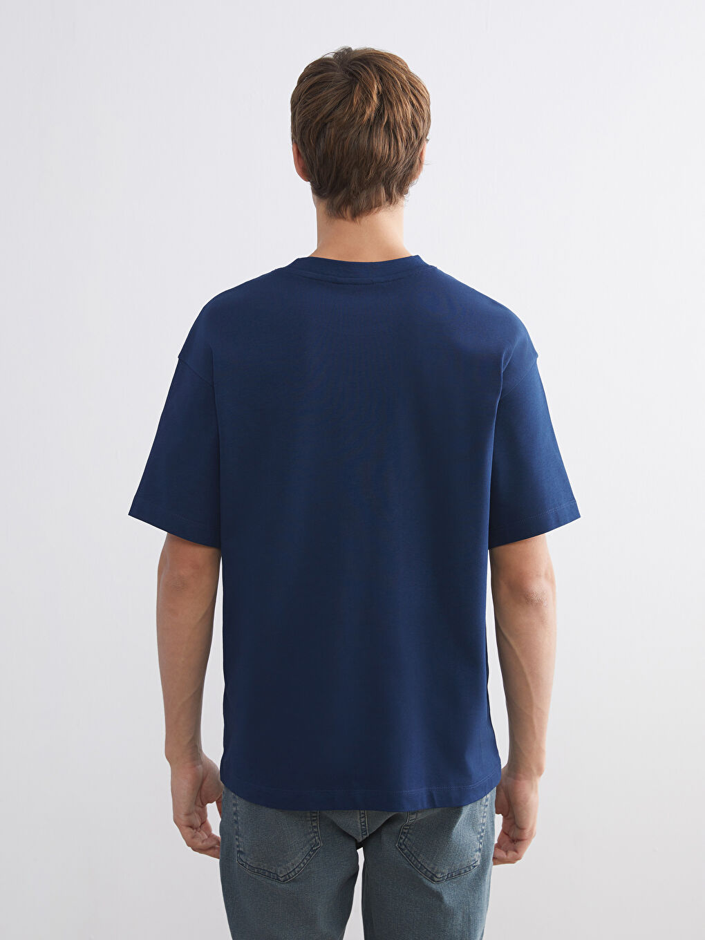 Lacivert Bisiklet Yaka Penye Erkek Tişört-3