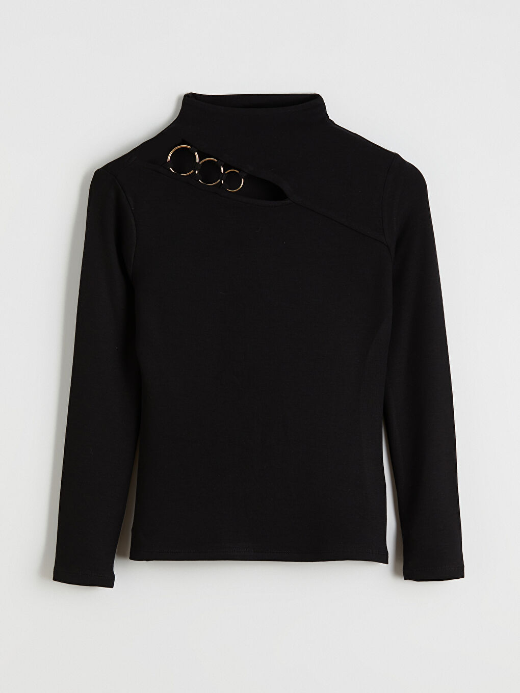 Siyah Dik Yaka Pencere Detaylı Kadın Tişört-4