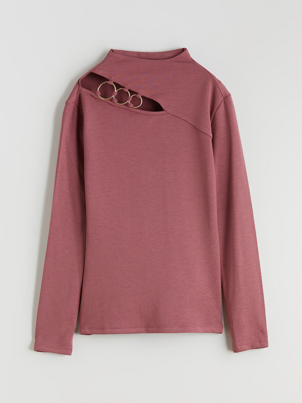 Pembe Dik Yaka Pencere Detaylı Kadın Tişört-4