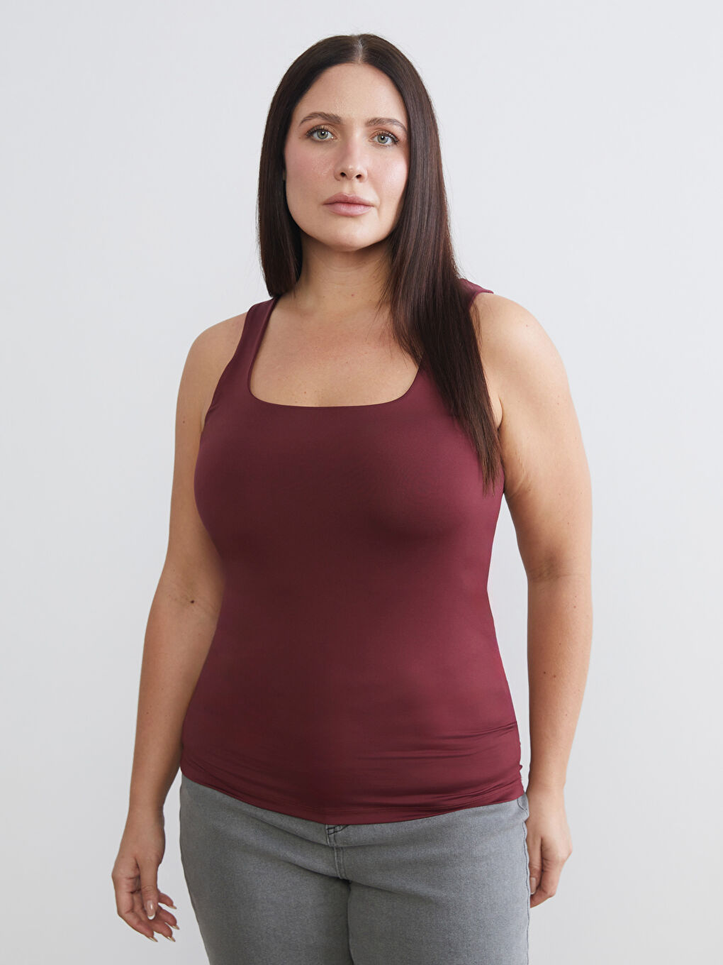 Gri Büyük Beden Kare Yaka Kadın Atlet 2'li-1