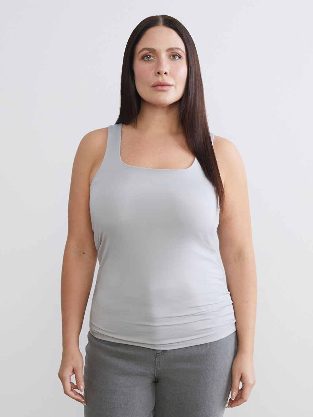 Gri Büyük Beden Kare Yaka Kadın Atlet 2'li-2