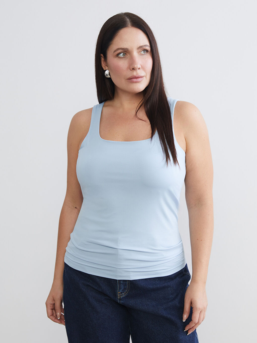 Mavi Büyük Beden Kare Yaka Kadın Atlet 2'li-1