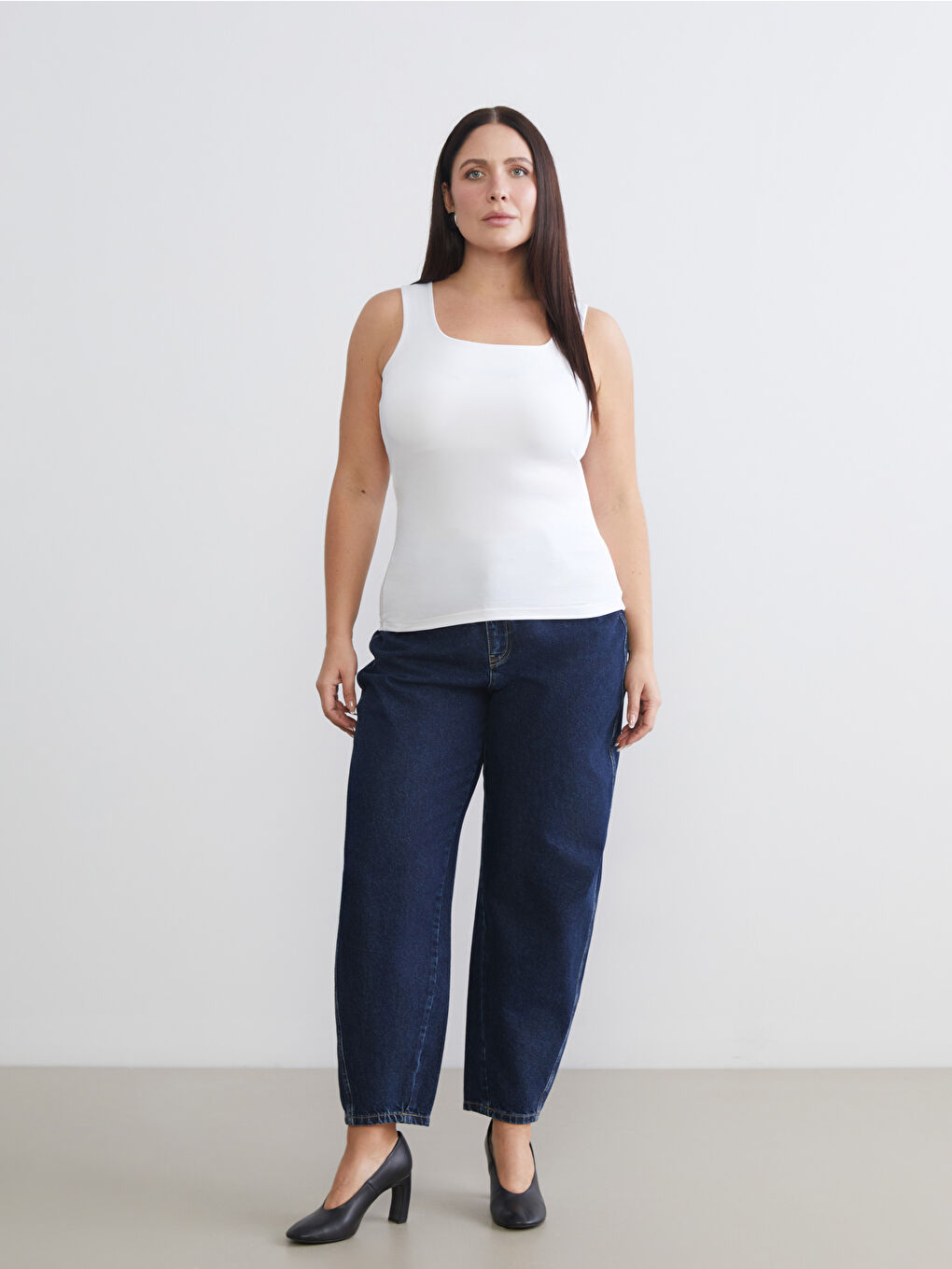 Beyaz Büyük Beden Kare Yaka Kadın Atlet 2'li-3