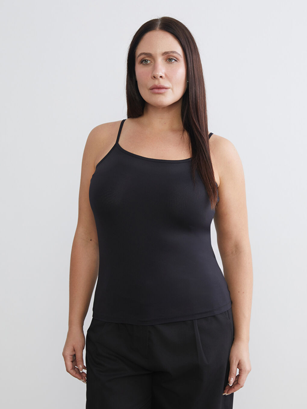 Siyah Büyük Beden Kare Yaka Askılı Kadın Atlet 2'li-1