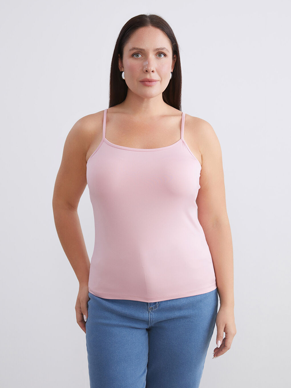 Pembe Büyük Beden Kare Yaka Askılı Kadın Atlet 2'li-1