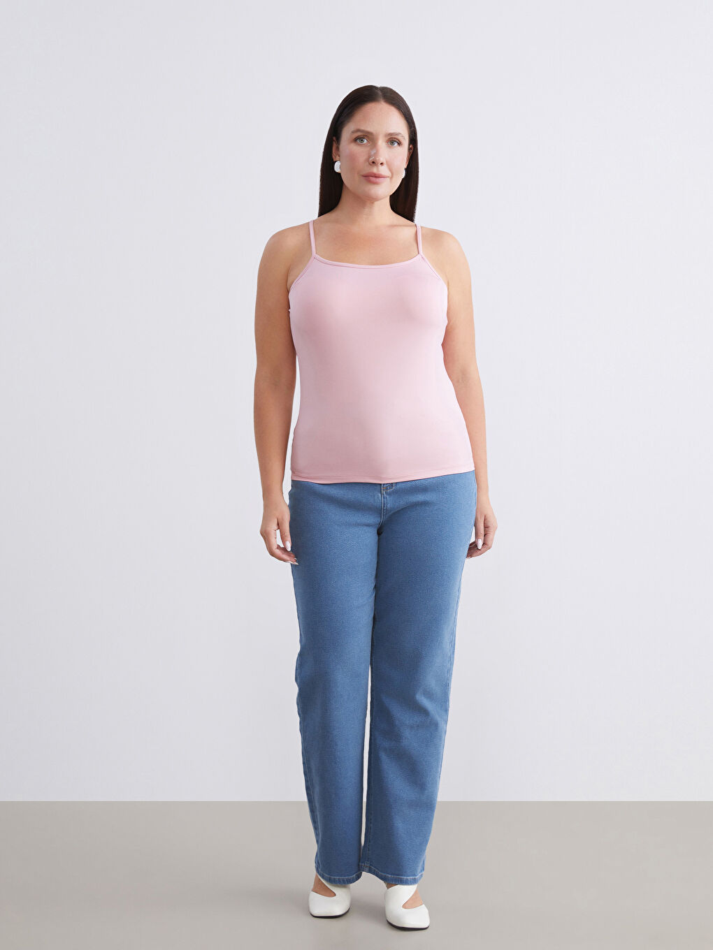 Pembe Büyük Beden Kare Yaka Askılı Kadın Atlet 2'li-3