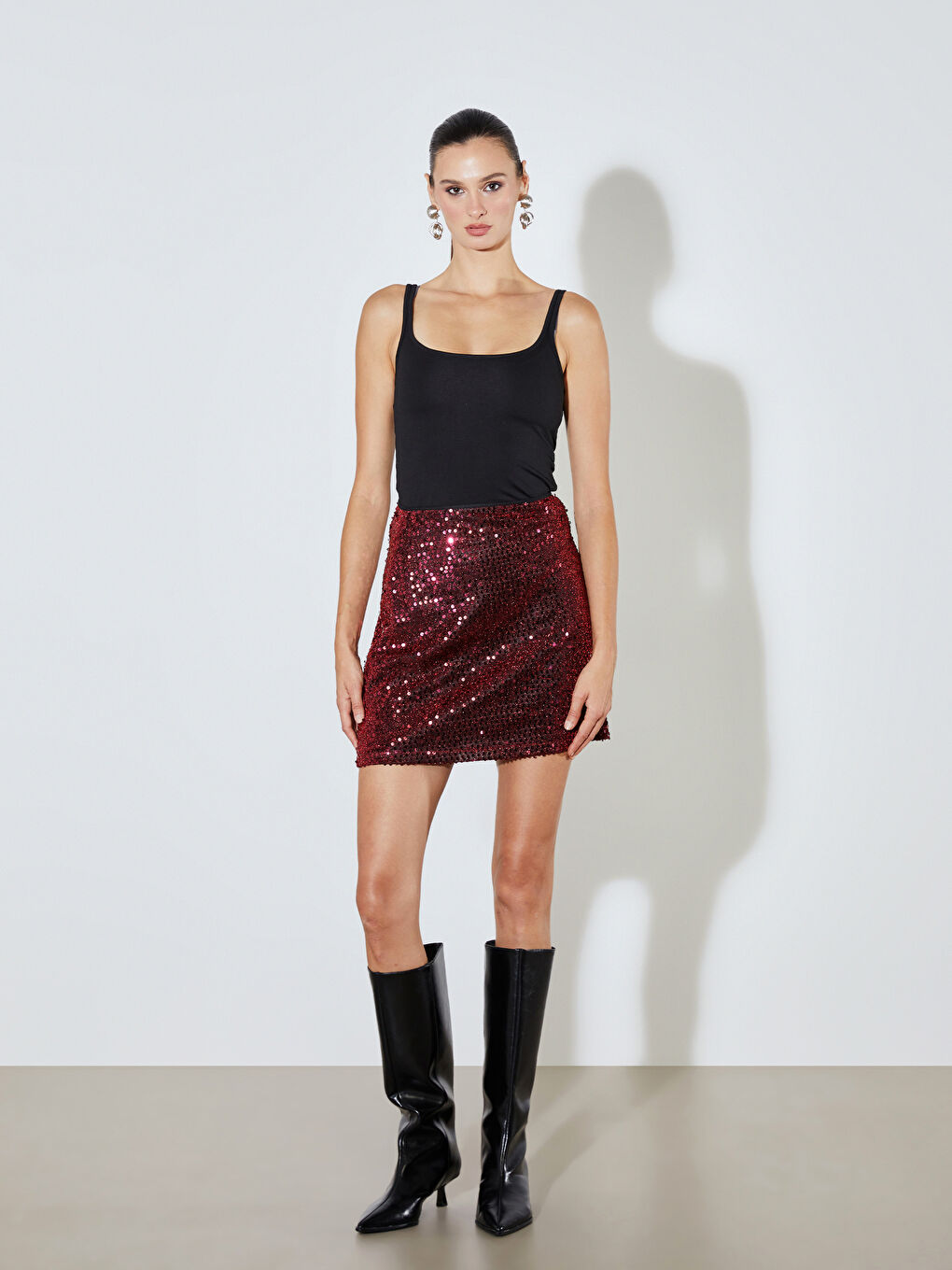 Bordo Standart Fit Pul Payetli Mini Etek-1