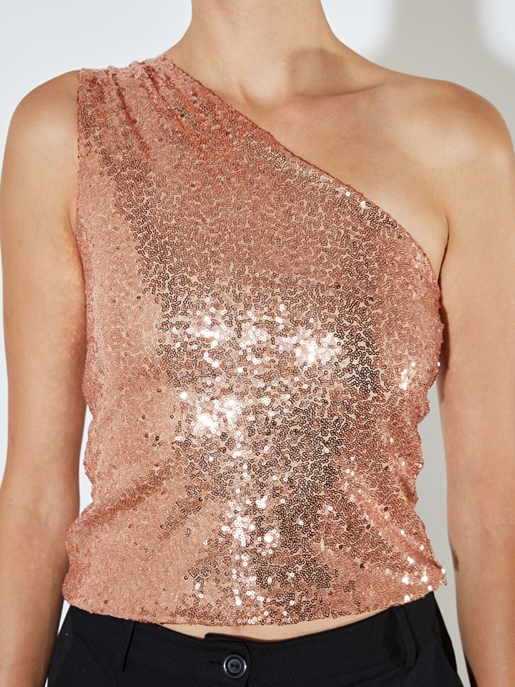 Sarı Tek Omuz Pul Payetli Bluz-2