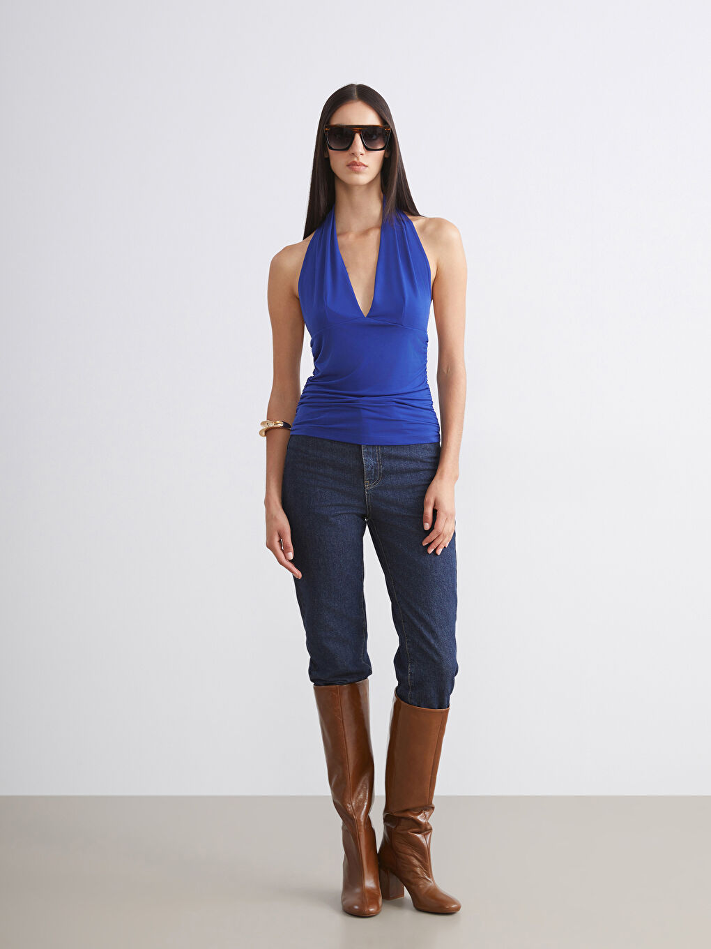 Lacivert Halter Yaka Büzgülü Bluz-1