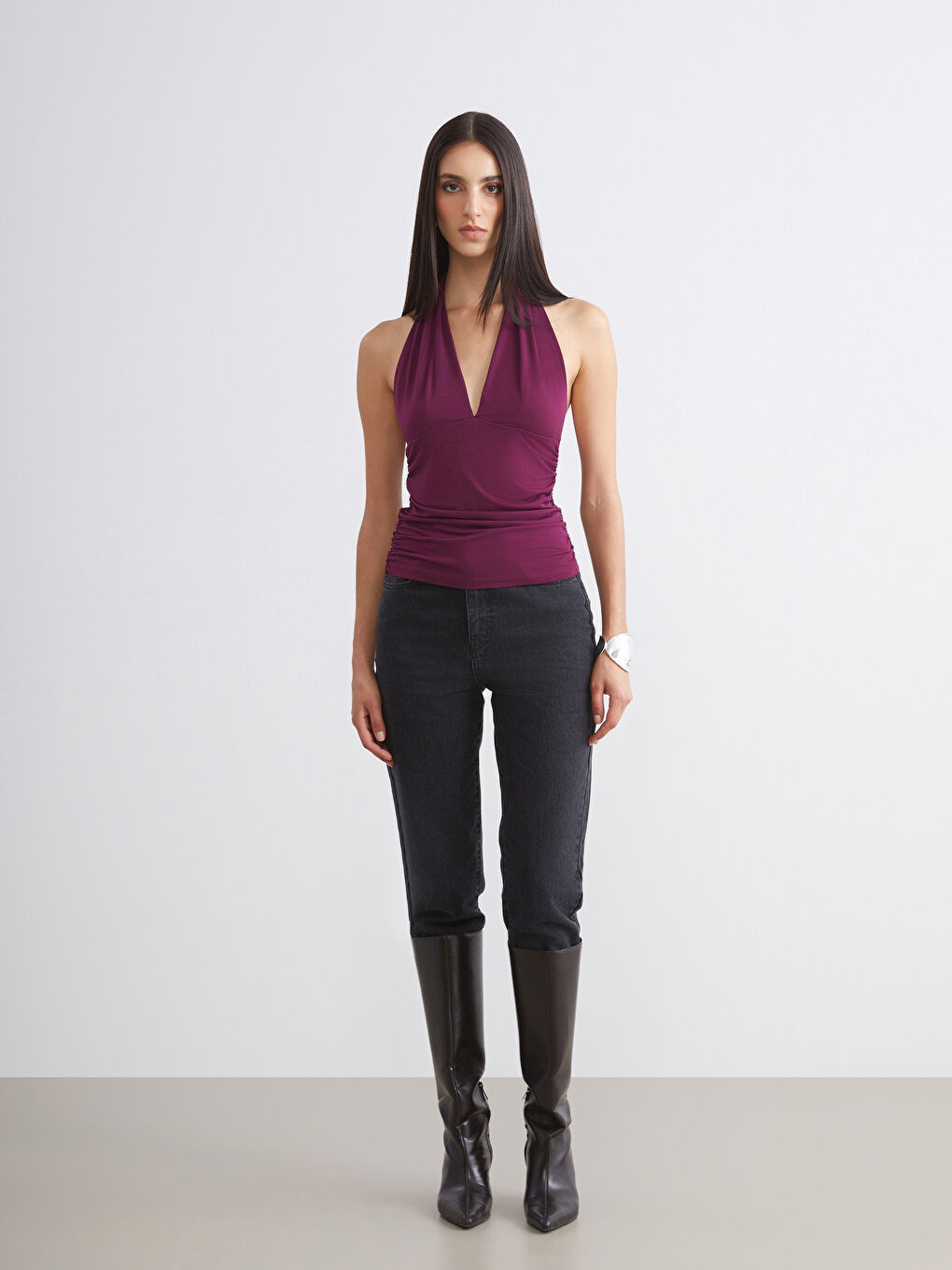 Mürdüm Halter Yaka Büzgülü Bluz-1