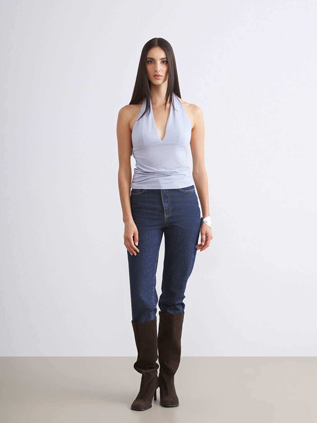 Gri Halter Yaka Büzgülü Bluz-1