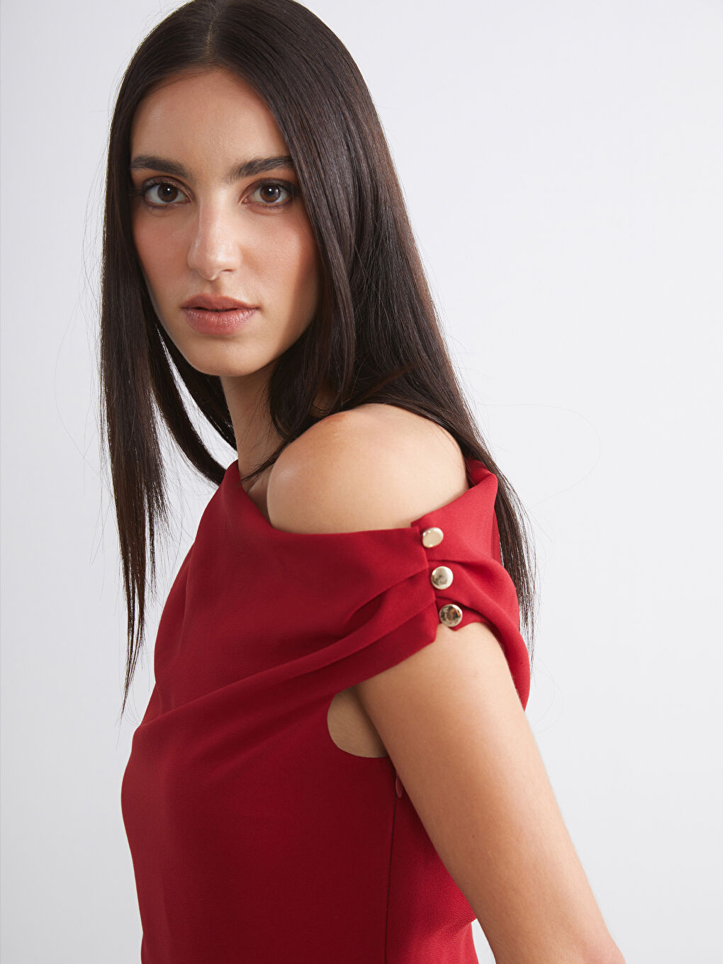 Kırmızı Kayık Yaka Büzgülü Kadın Tulum-1