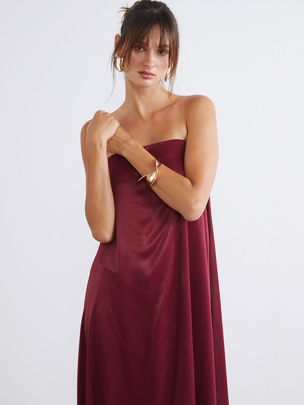 Bordo Straplez Yaka Saten Abiye Elbise-1