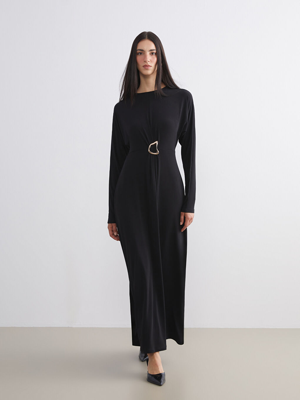 Siyah Bisiklet Yaka Büzgülü Elbise