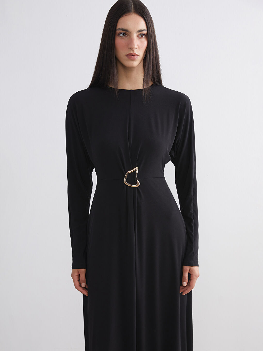 Siyah Bisiklet Yaka Büzgülü Elbise-1